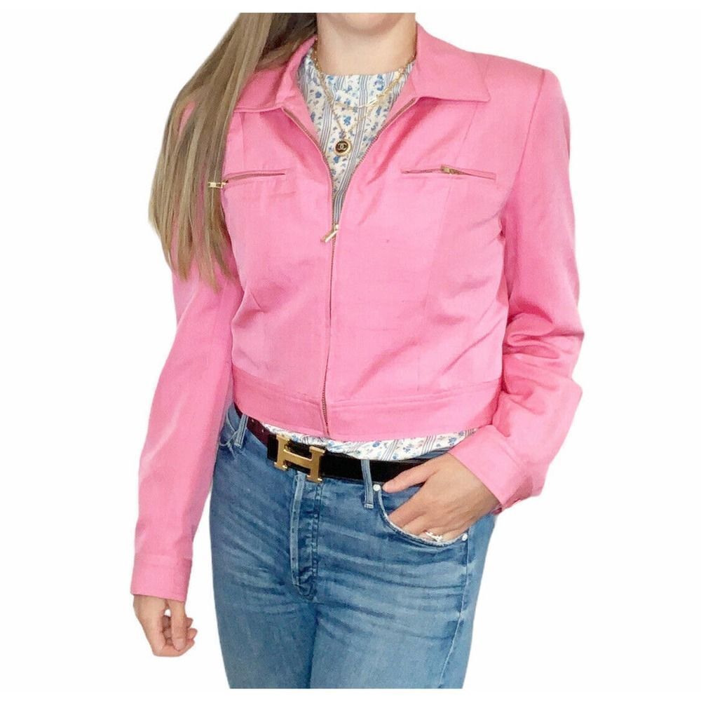 Carlisle Pink 100% Silk Gold Zipper Blazer Jacket
